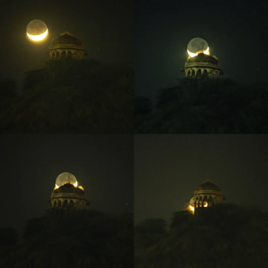 The moon aligned above a domed building across four frames